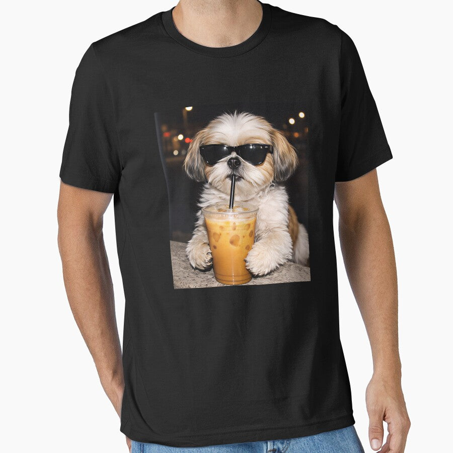Cool Shih Tzu Drinking Iced Coffee with Sunglasses – Funny Aesthetic Dog Art, Cute Puppy Coffee Lover Design by BrainBubbleArt