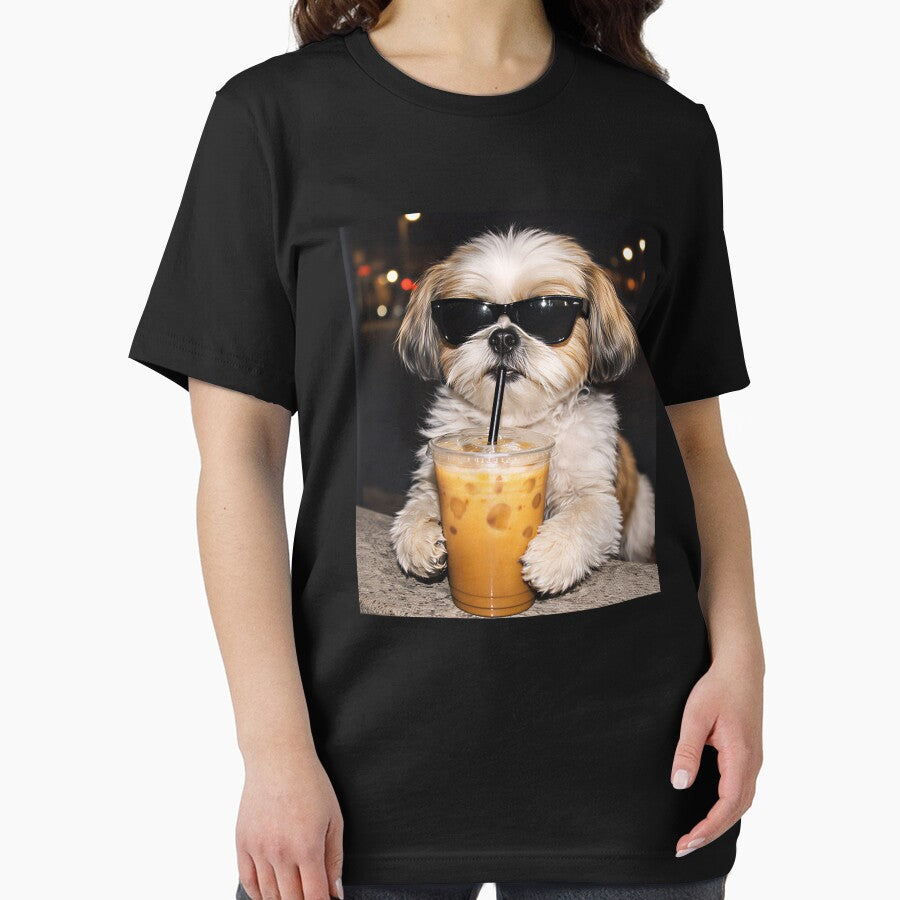 Cool Shih Tzu Drinking Iced Coffee with Sunglasses – Funny Aesthetic Dog Art, Cute Puppy Coffee Lover Design by BrainBubbleArt