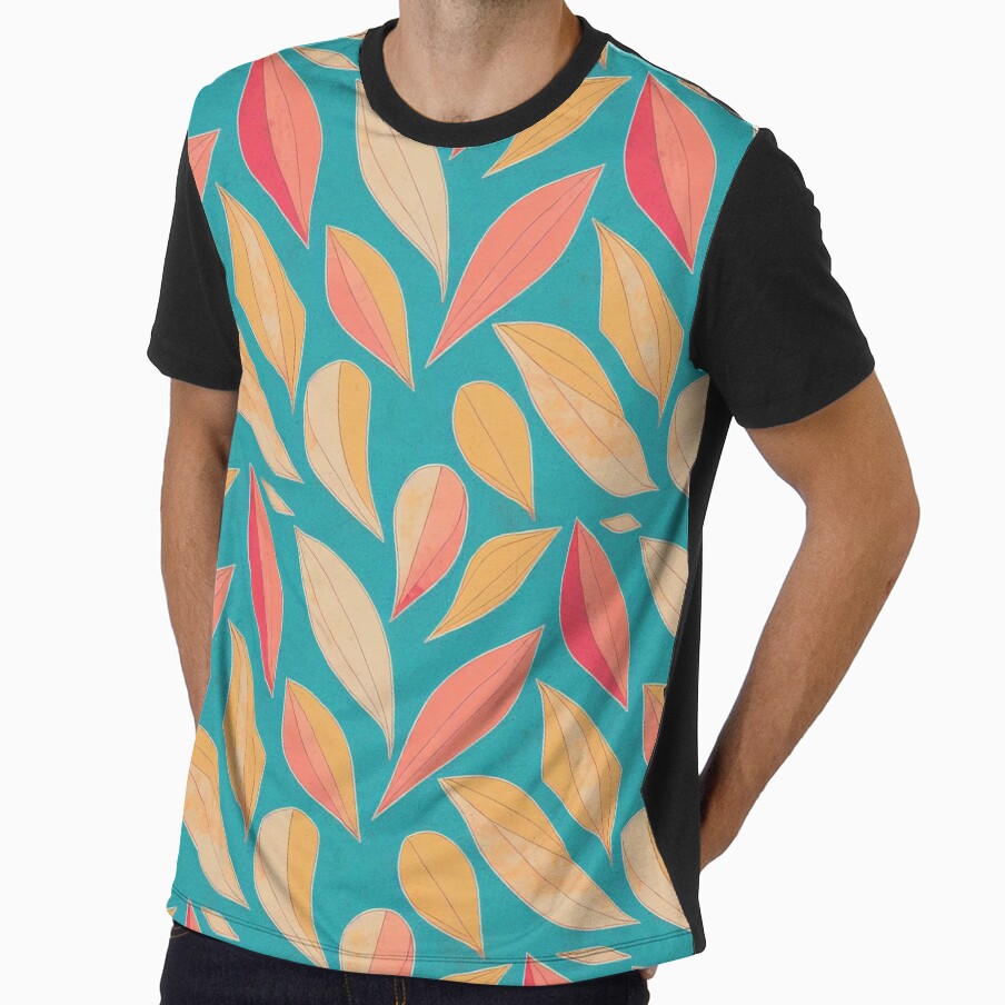 Vibrant Boho Leaves Pattern - Washed Out Beige, Orange and Pink on Light Blue Background by kougan