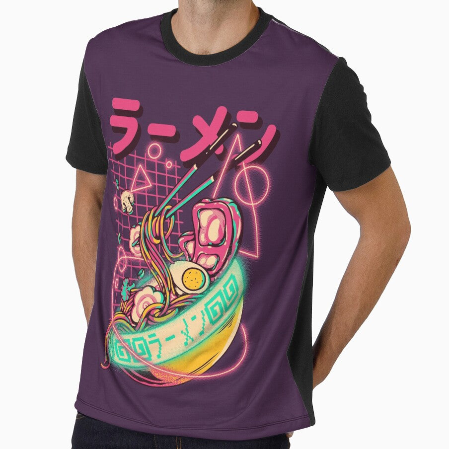 Retro Ramen - Retrowave Ramen With Geometric Neon elements, Udon Noodles Metaverse Cyberpunk Vaporwave synth 80s 90s webcore digital gaming style Merch by Any Color Designs