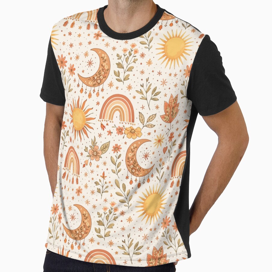 Boho Sun Moon Rainbow Pattern | Celestial Floral Aesthetic | Warm Neutral Seamless Design by RidaSalArt