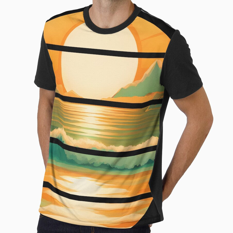 Retro Sun Beach Ocean Mountains Sky AI Art - Orange by Beachy