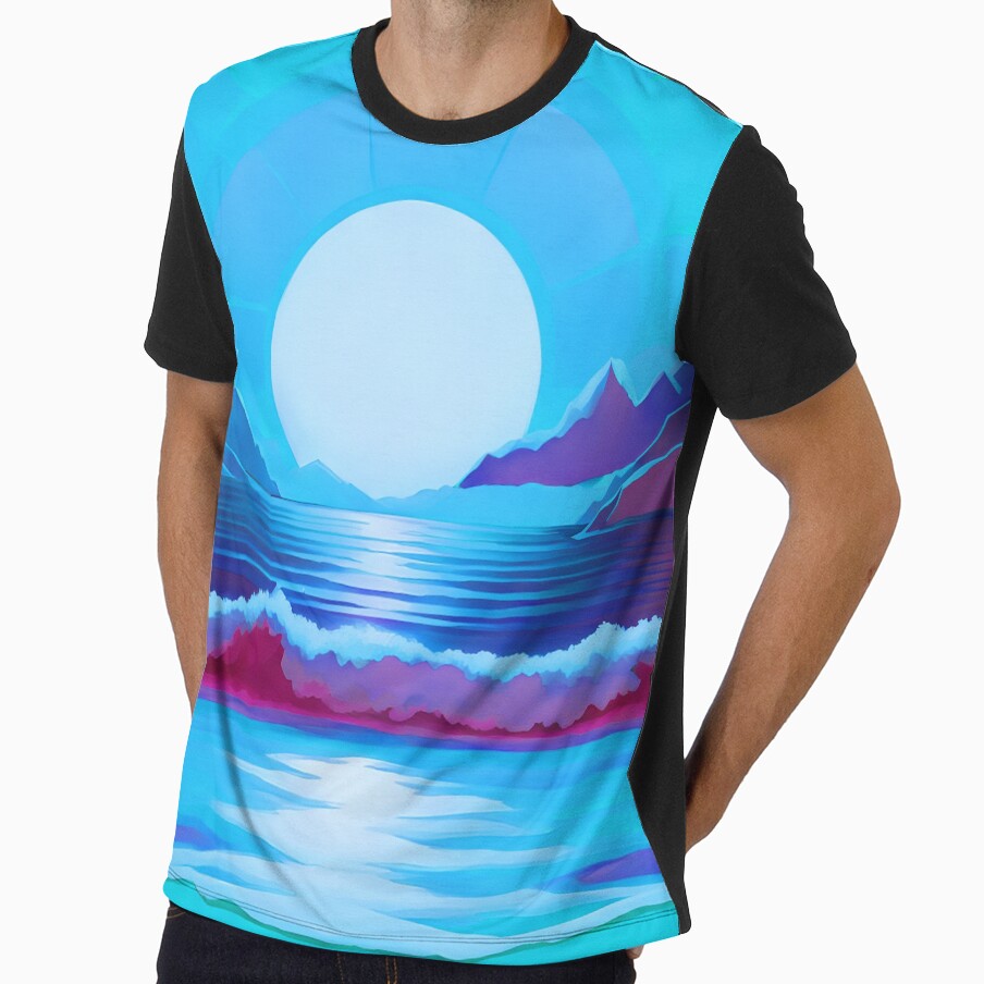 Retro Moon Ocean Beach Mountains Sky AI Art 2 of 4 by Beachy