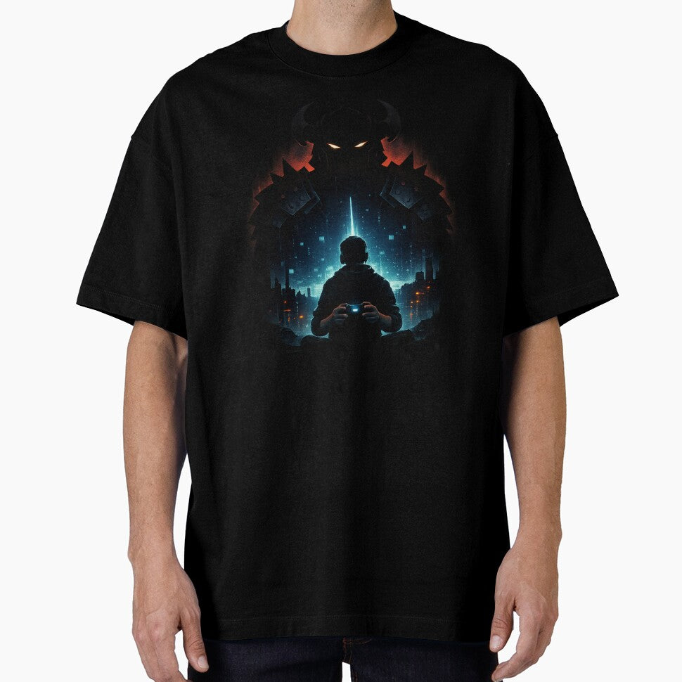 Facing the Final Boss – Dark Gamer Artwork | Cyber Fantasy Gaming T-Shirt by VireonTees