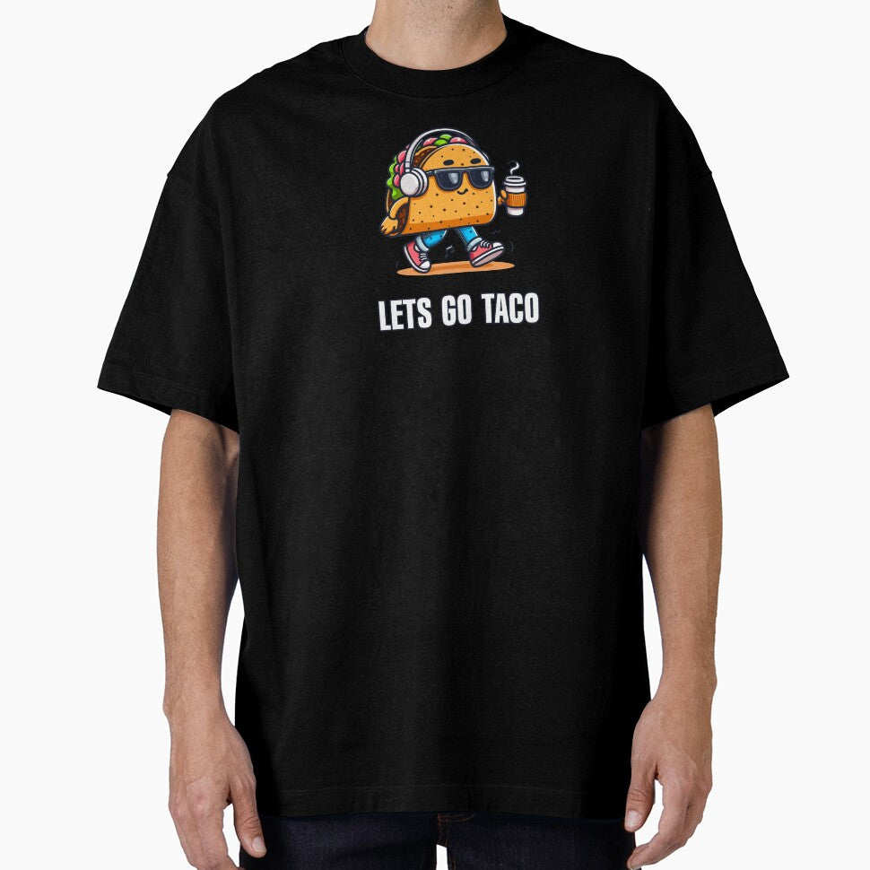 Funny walking taco with headphones and coffee – cute food pun illustration for taco lovers, music fans and humor art by All-Of-Art