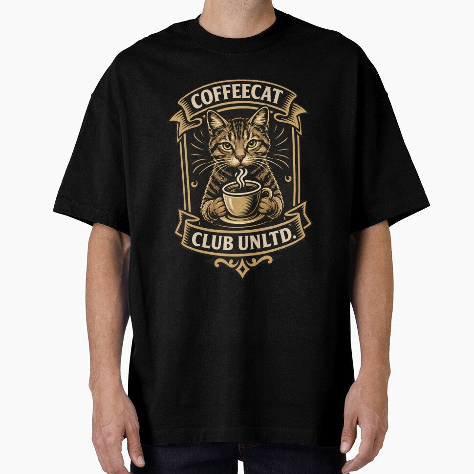 CoffeeCat Club Unlimited Vintage Coffee Lover Cat Badge Logo Retro Cafe Emblem Design by Mindworx21