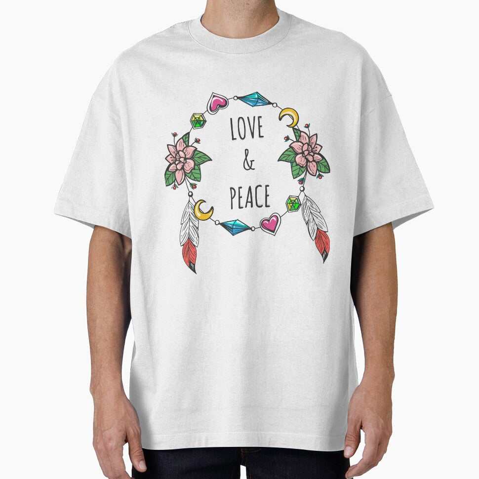 Love and peace Sign Boho Style with Pink Flowers and Moon by GypsyMagic