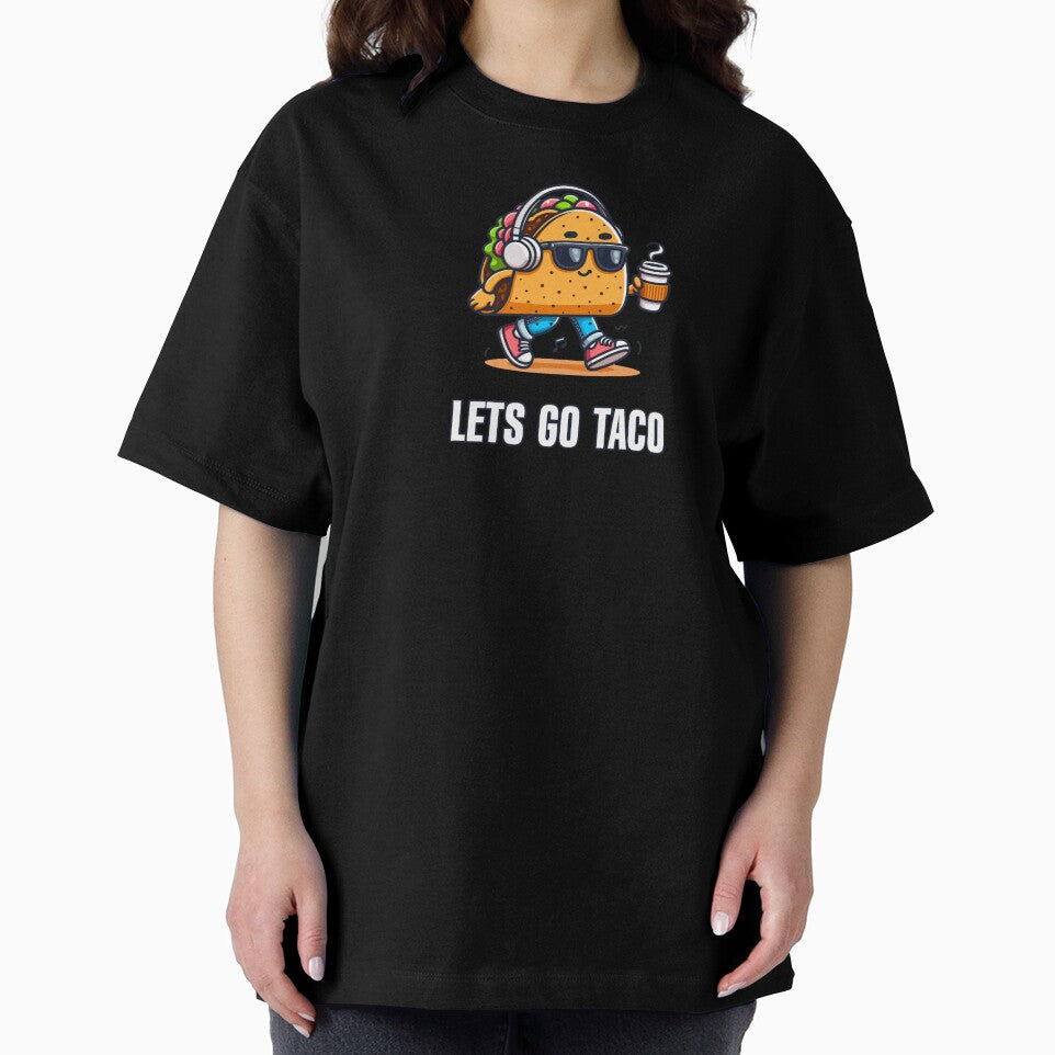 Funny walking taco with headphones and coffee – cute food pun illustration for taco lovers, music fans and humor art by All-Of-Art