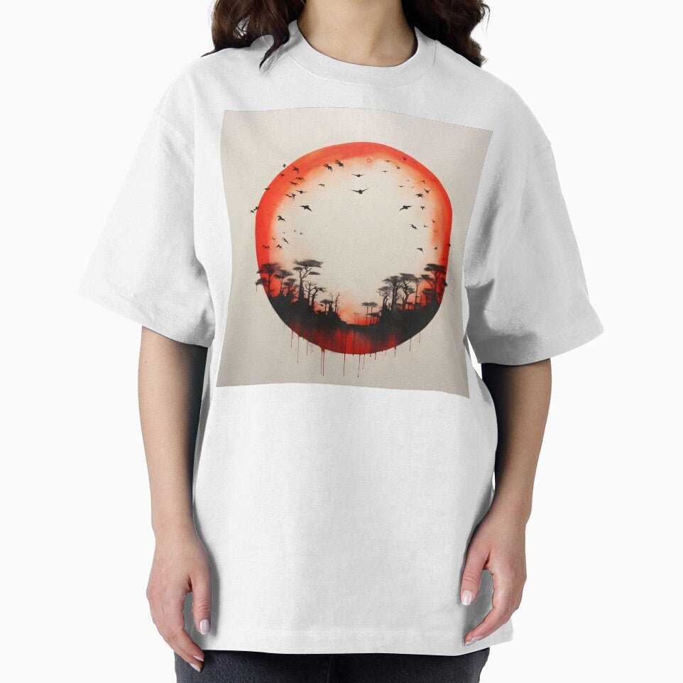 Minimalist red sun art print, birds by dcrc