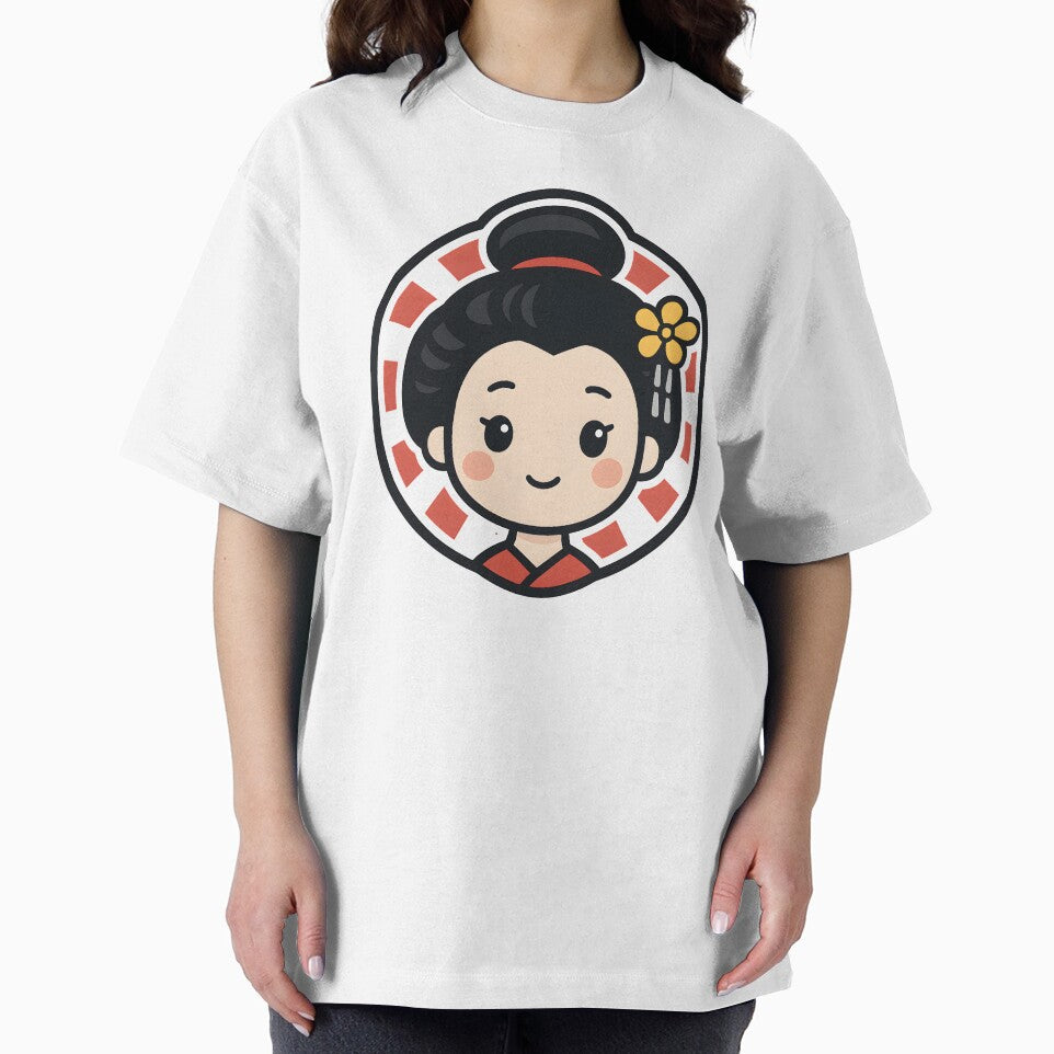Kawaii Geisha with Yellow Flower and Red Sun | Japanese Art Illustration by OsasChild