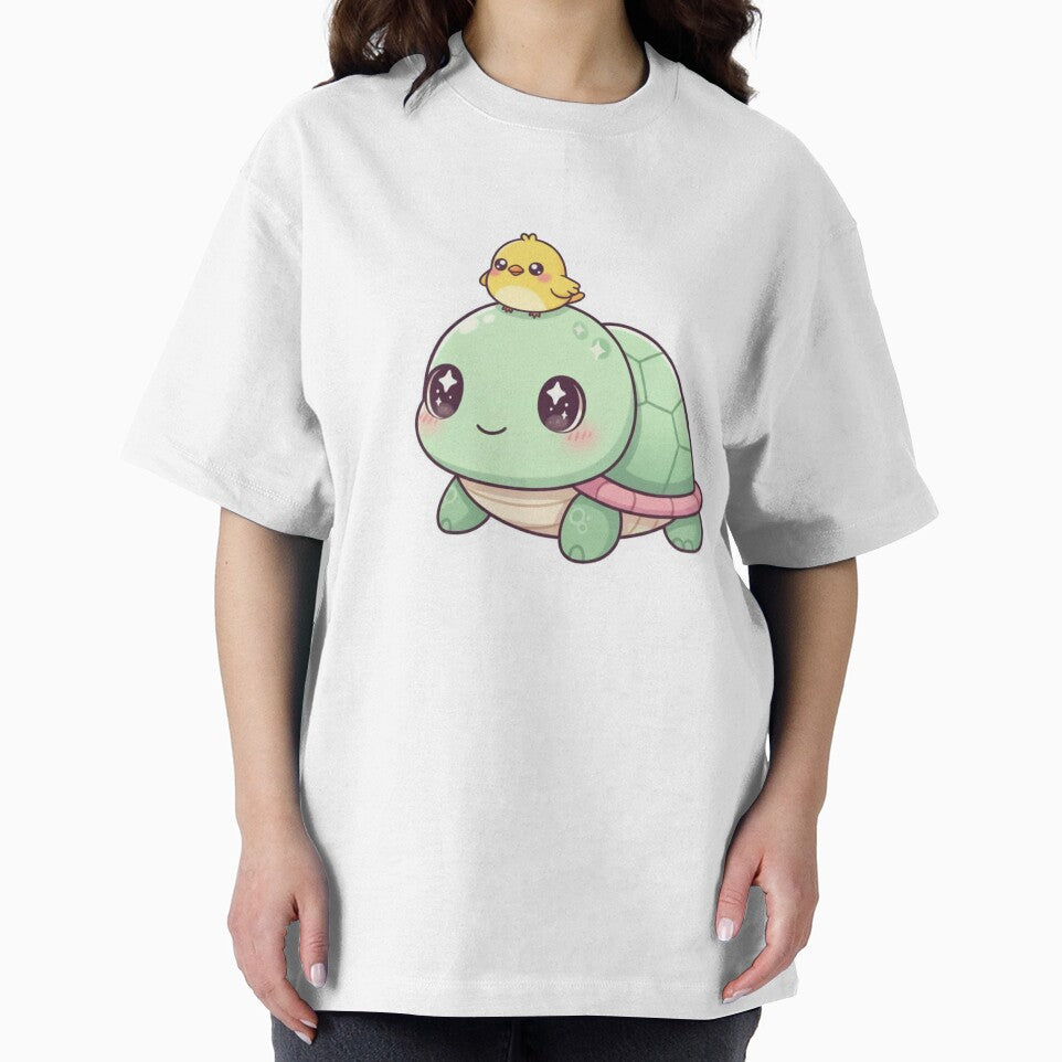 Cute Kawaii Turtle with adorable little puffy yellow bird by Melissa Conner
