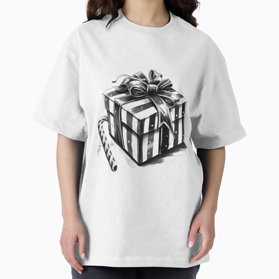 Striped Christmas Gift with Candy Cane – Black and White Holiday Illustration by inkoutninja
