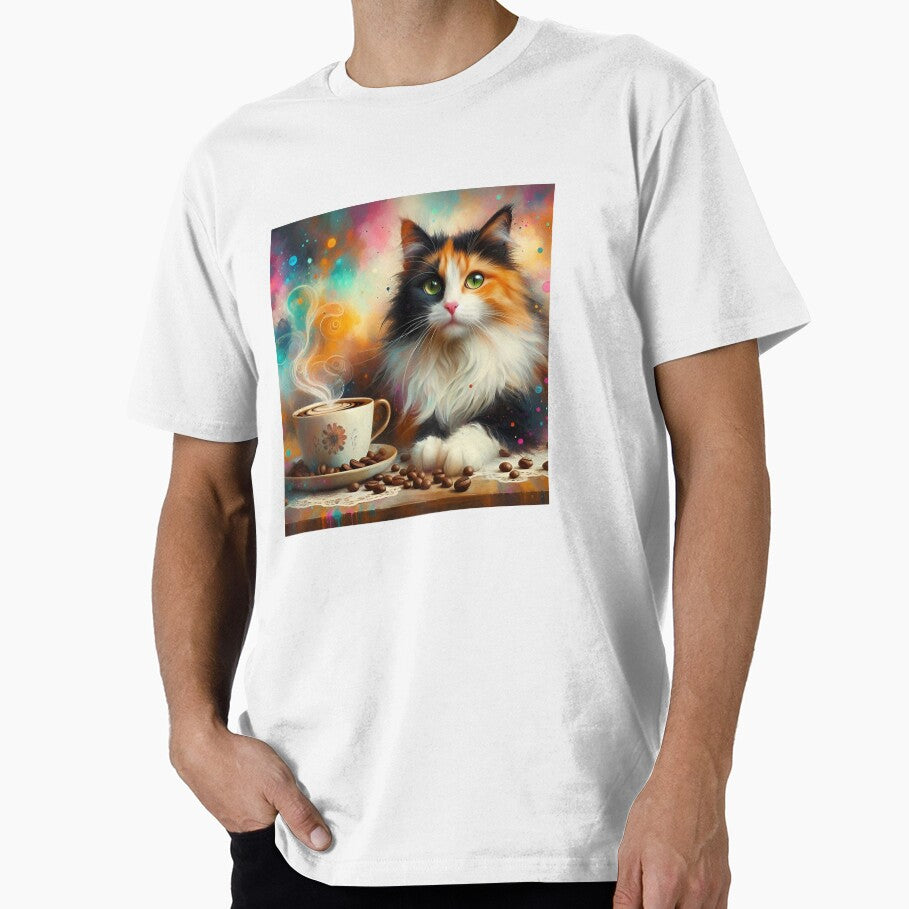 Calico Long Haired Cat Drinking Coffee by The Coffee Critters