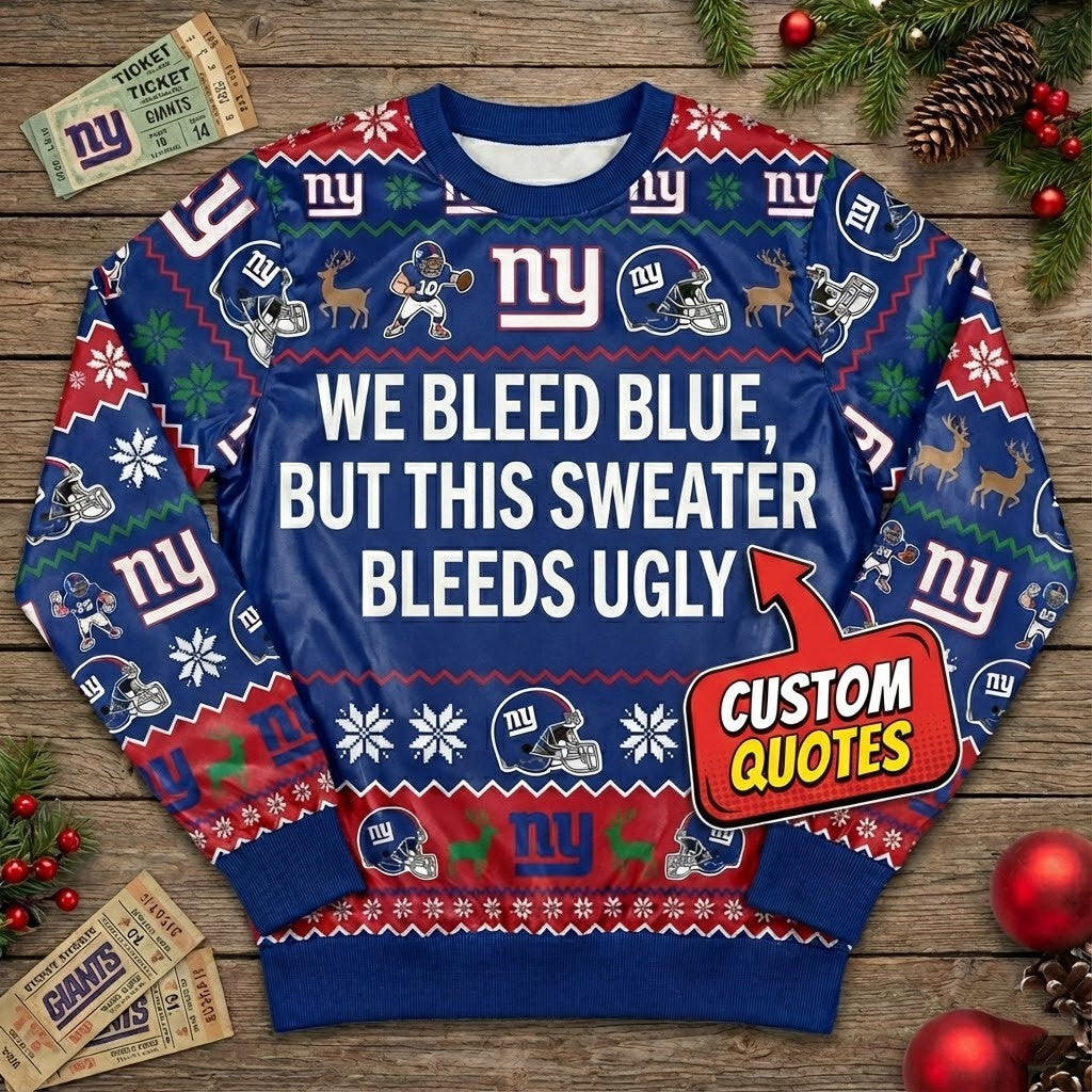 Personalized NY Giants Ugly Christmas Sweater – Big Blue Wrecking Crew Custom Holiday Jumper