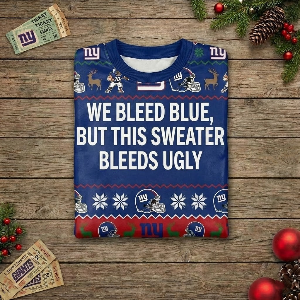 Personalized NY Giants Ugly Christmas Sweater – Big Blue Wrecking Crew Custom Holiday Jumper