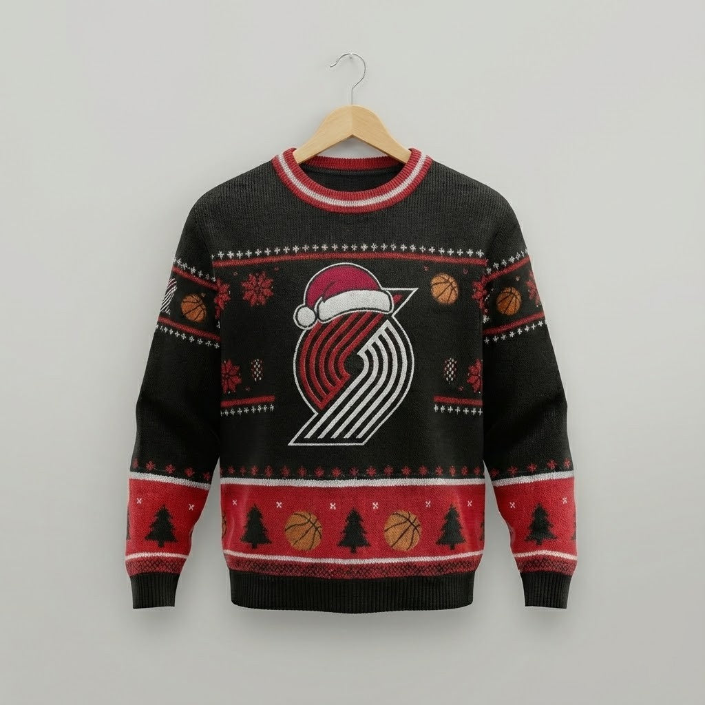 Portland Trail Blazers Ugly Christmas Sweater – Rip City Holiday Knit Red & Black Logo Christmas Apparel NBA