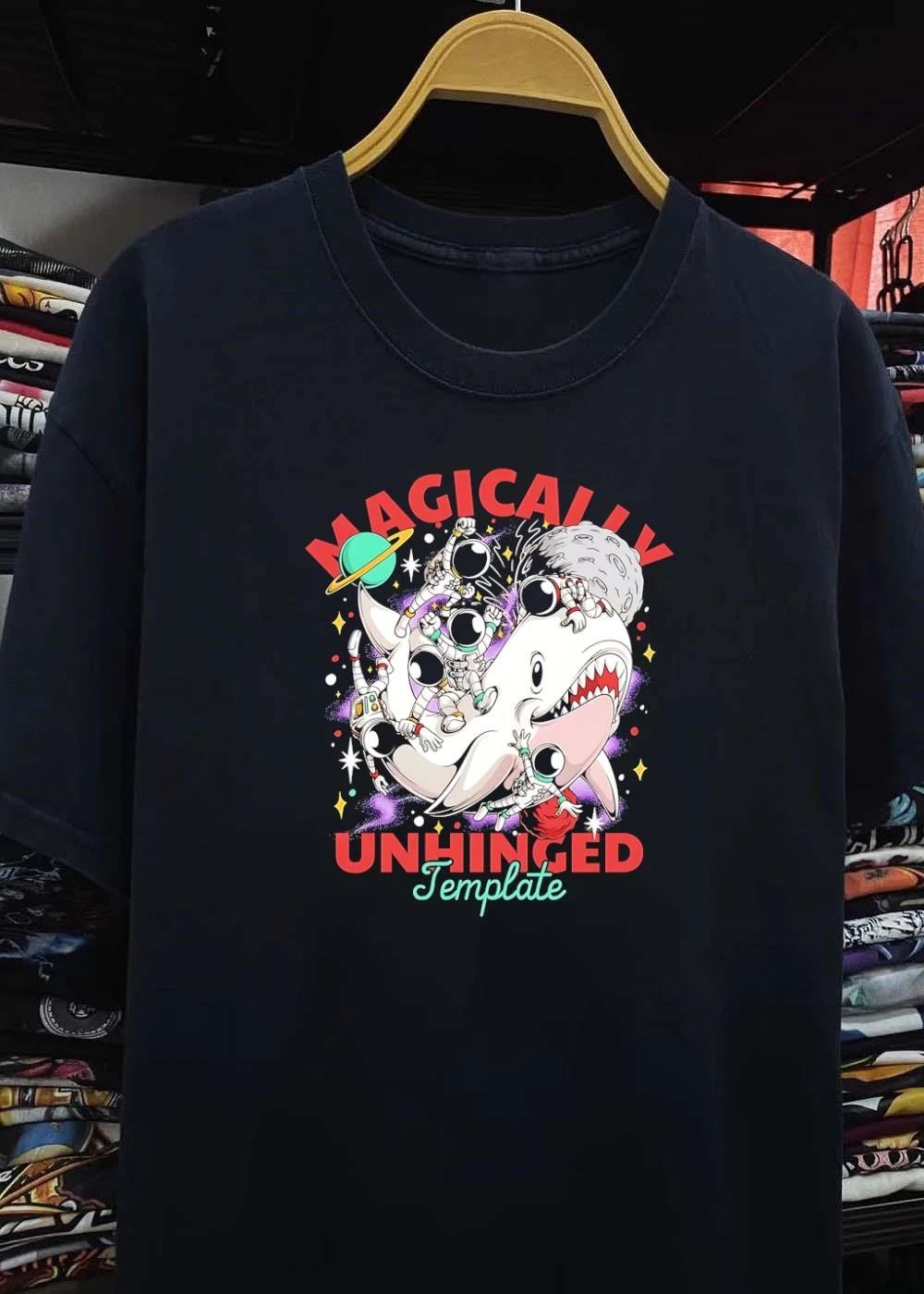 Astronauts Riding Space Shark Magically Unhinged Template T-Shirt
