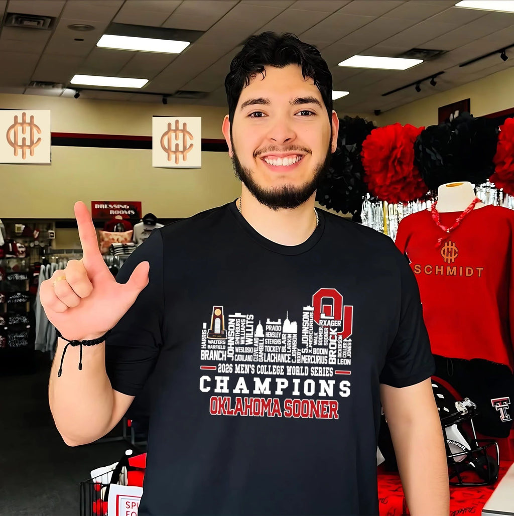 2026 Oklahoma Sooners Men’s College World Series Champions player name skyline shirt