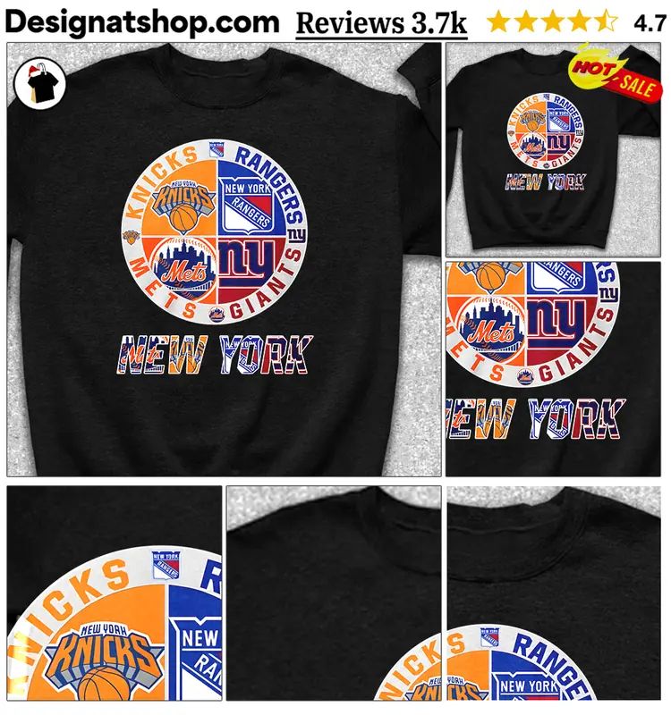 New York sports teams Knicks Rangers Mets Giants logo shirt