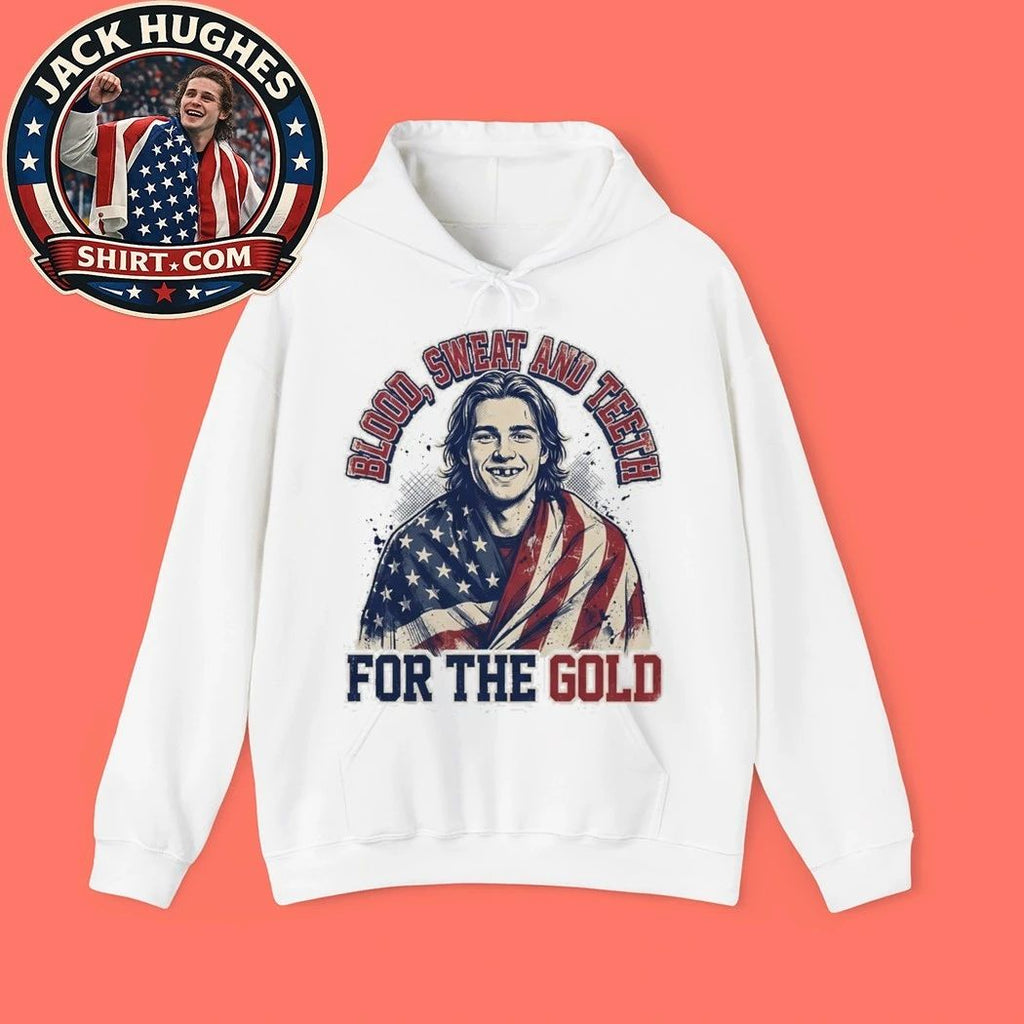 Jack Hughes Bloody Blood Sweat and Teeth for the Gold USA Hockey Olympic Golden Goal Shirt