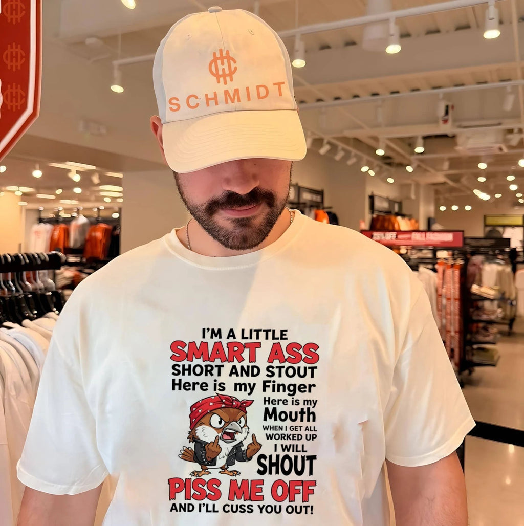 I’m a little smart ass short and stout here is my finger here is my mouth cartoon bird shirt