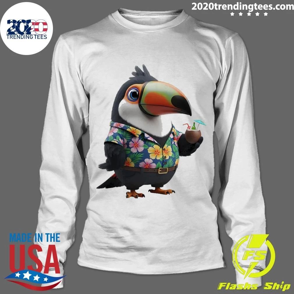 A Cartoon Toucan Dressed In Hawaiian Holding Tropical Drink Coconut Shirt