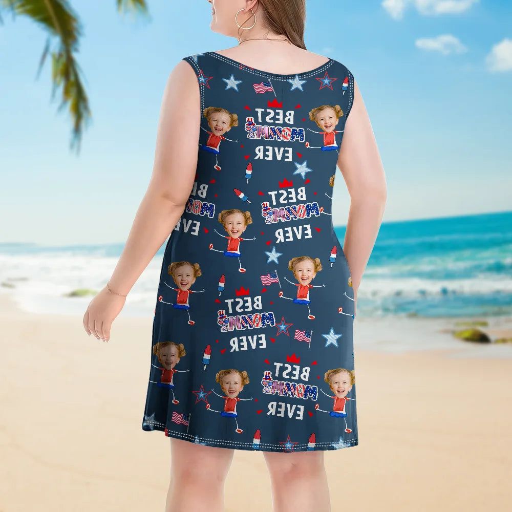 Custom Photo Stars & Stripes Best Mom Grandma Ever - Personalized Sleeveless Tank Dress