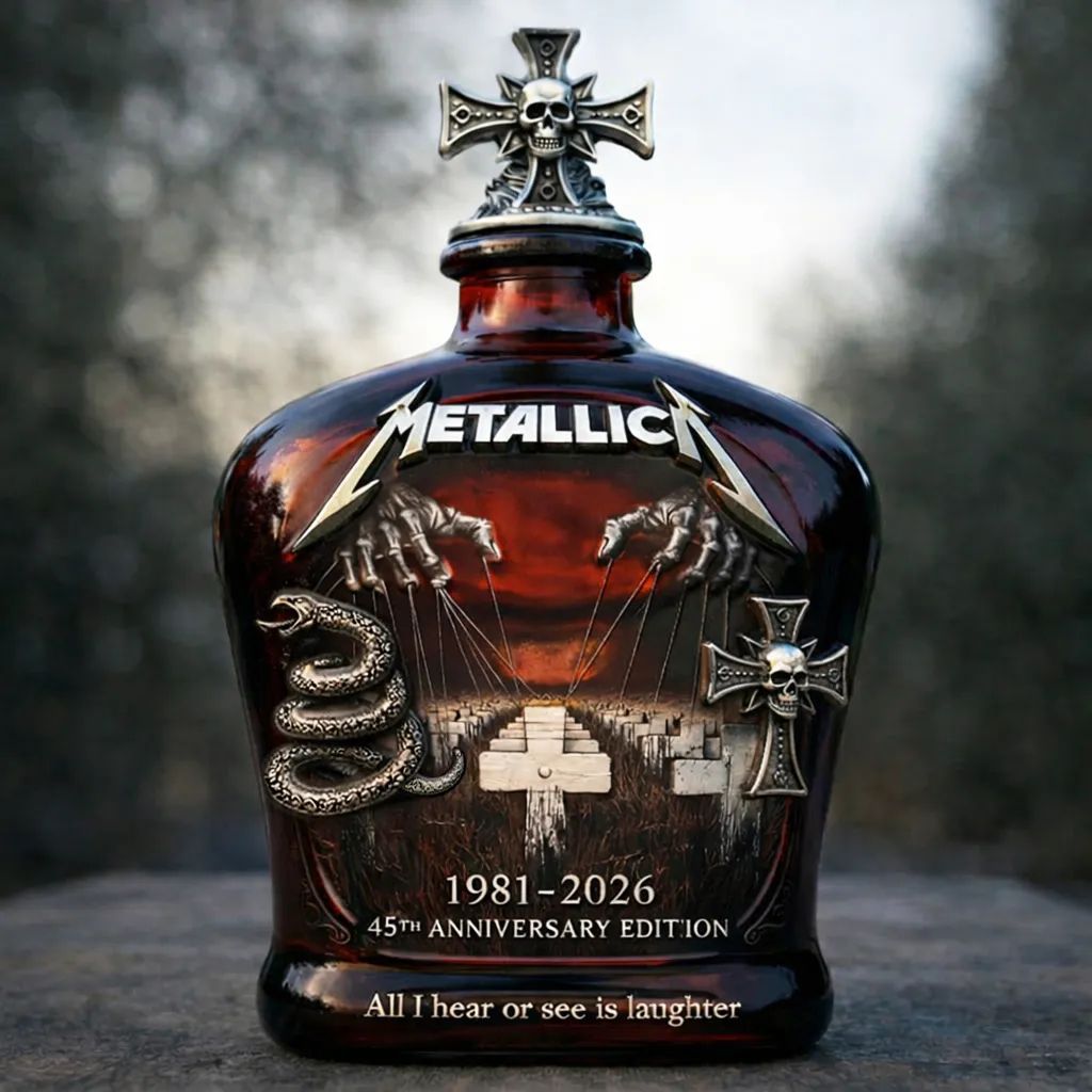 Metallica 45th Anniversary Whiskey Bottle – Master of Puppets Tribute Decanter with 3D Embossed Design and Skull Cross Stopper