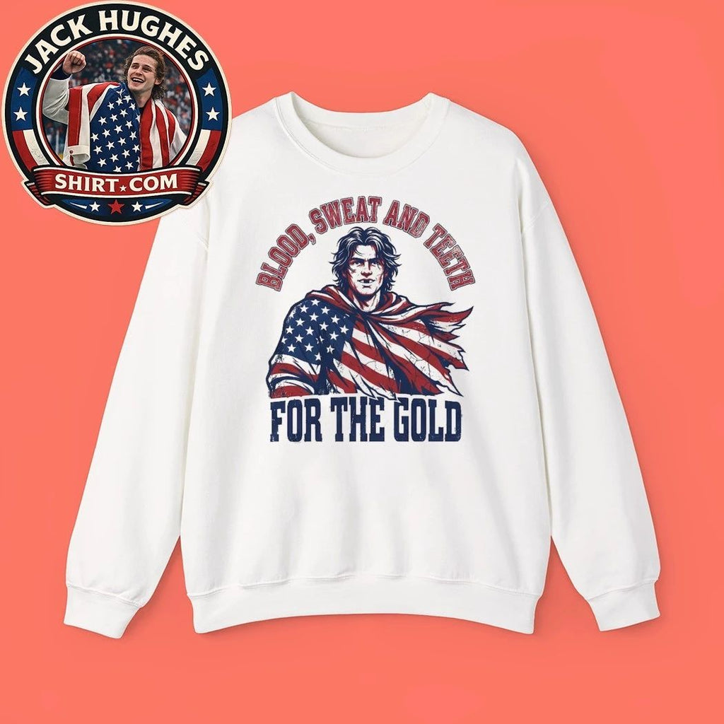 Jack Hughes Bloody Blood Sweat and Teeth for the Gold USA Hockey Olympic Golden Goal Trending T-Shirt