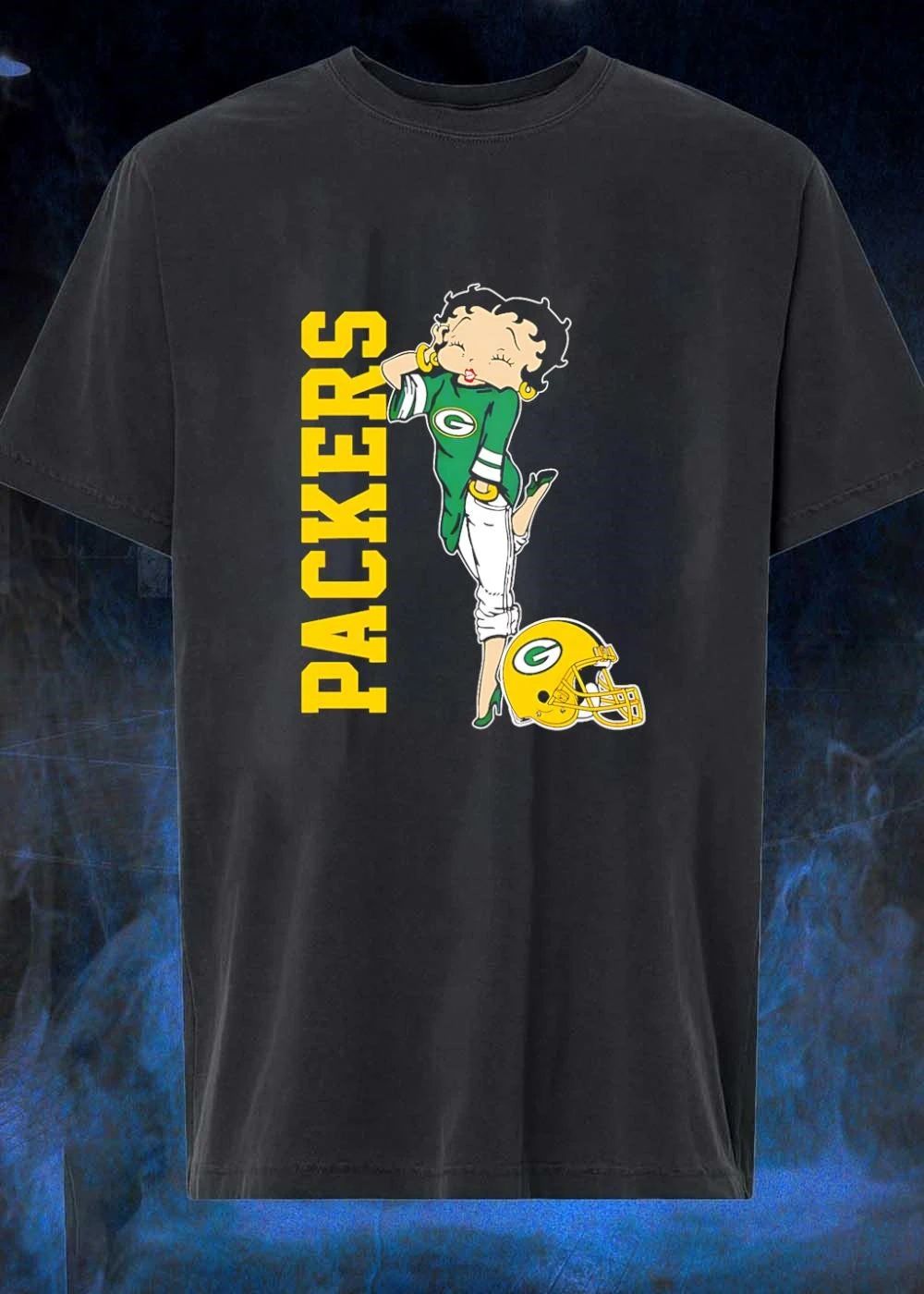 Betty Winking and Leaning on Helmet Packers shirt