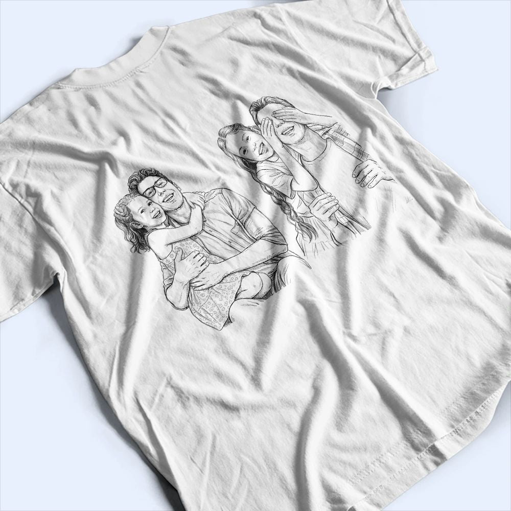 Custom Photo Pencil Sketch Portrait A Dad And His Girls Multiple - Personalized T Shirt