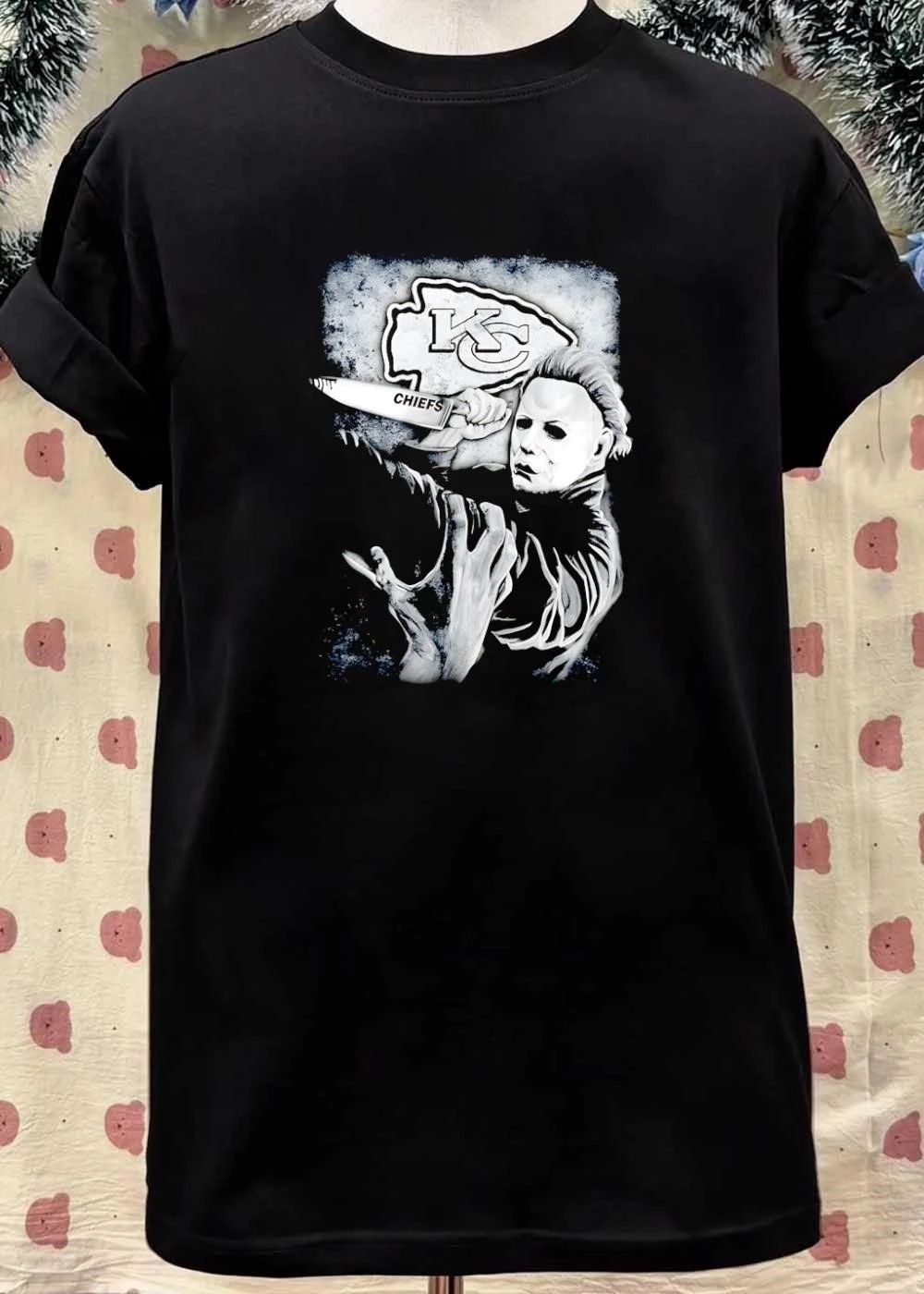 Michael Myers Holding Knife with KC Logo Chiefs shirt