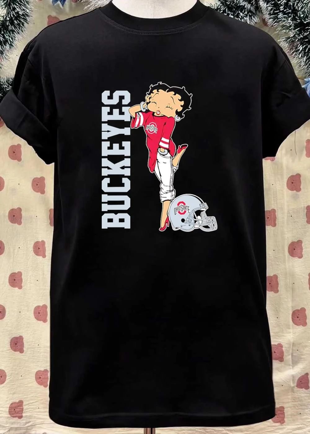 Betty Winking and Posing in Buckeyes Ohio State Helmet shirt