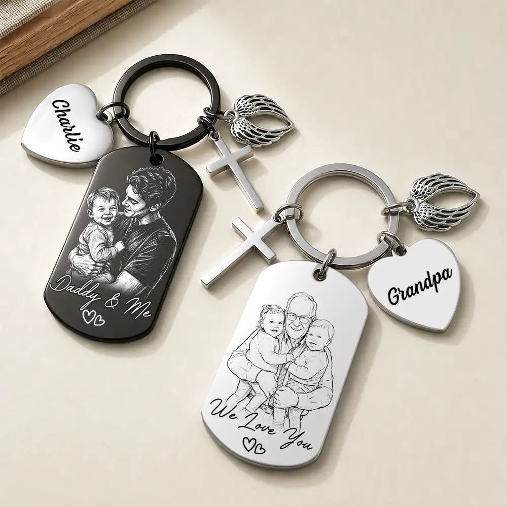 Custom Photo Bold Sketch Best Dad Grandpa Ever We Love You - Personalized Stainless Steel Keychain