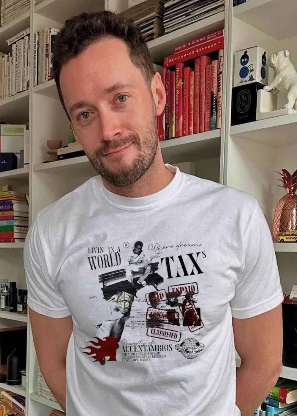 Property of Accentambios Man Sitting Livin in a World Where Dreams get Taxs Unpaid Classified T-Shirt