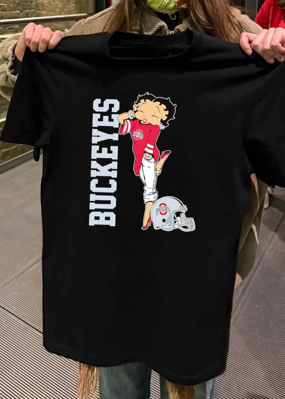 Betty Winking and Posing in Buckeyes Ohio State Helmet shirt