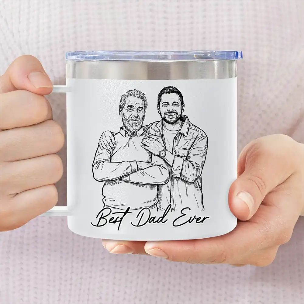 Custom Photo Bold Sketch Best Dad Grandpa Ever Family Portrait - Personalized 14oz Stainless Steel Tumbler With Handle