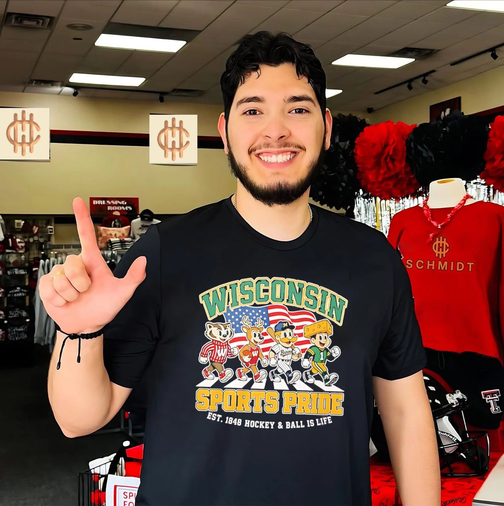 Wisconsin Sports Pride est 1848 Hockey and Ball is life mascot Abbey Road shirt