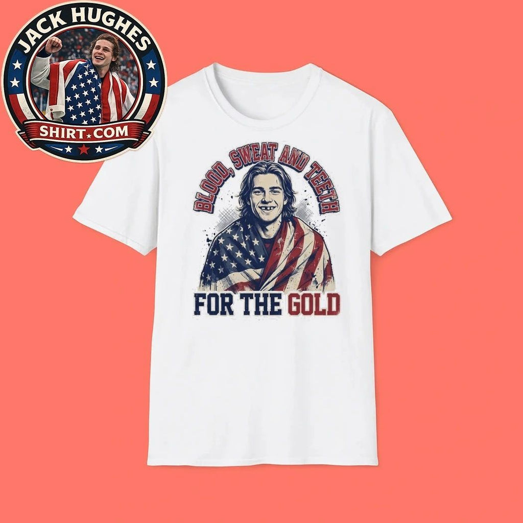 Jack Hughes Bloody Blood Sweat and Teeth for the Gold USA Hockey Olympic Golden Goal Shirt