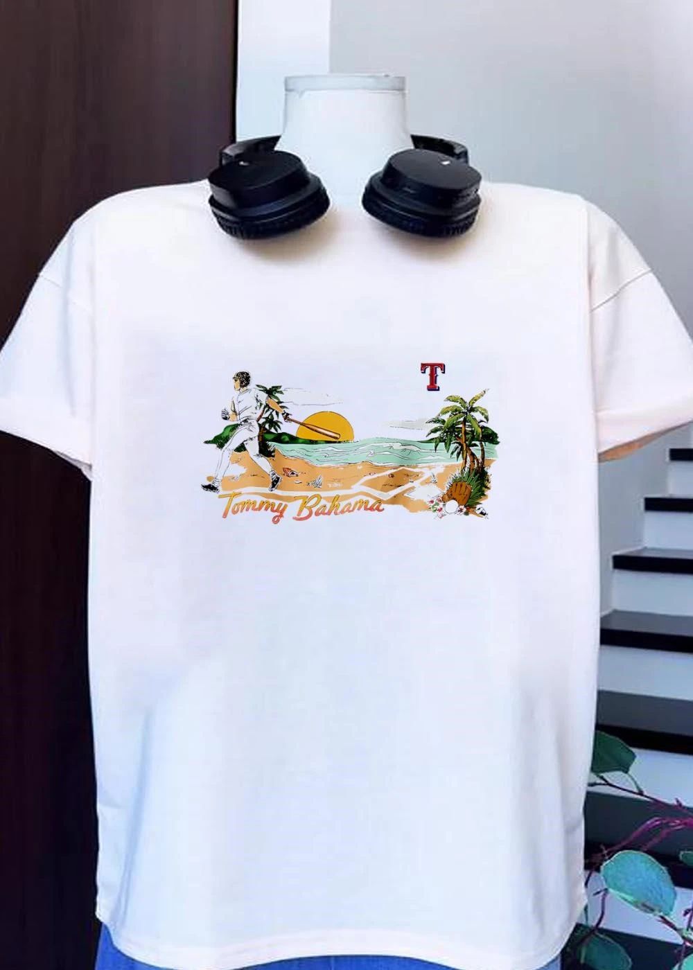 Tommy Bahama Baseball Player Running on Beach Texas Rangers T-Shirt