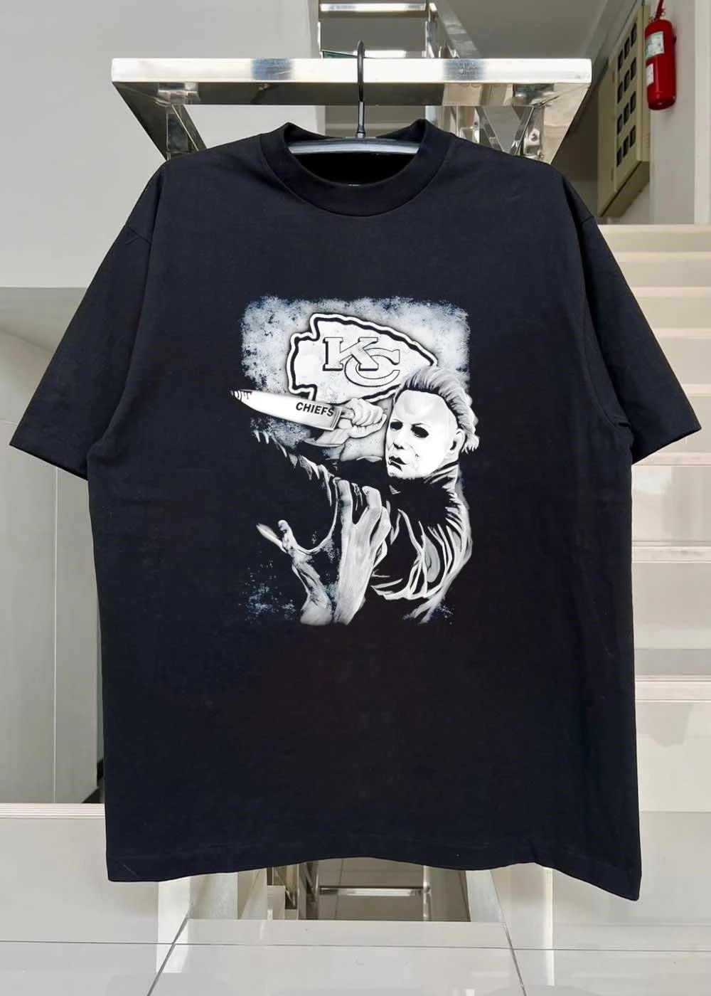 Michael Myers Holding Knife with KC Logo Chiefs shirt
