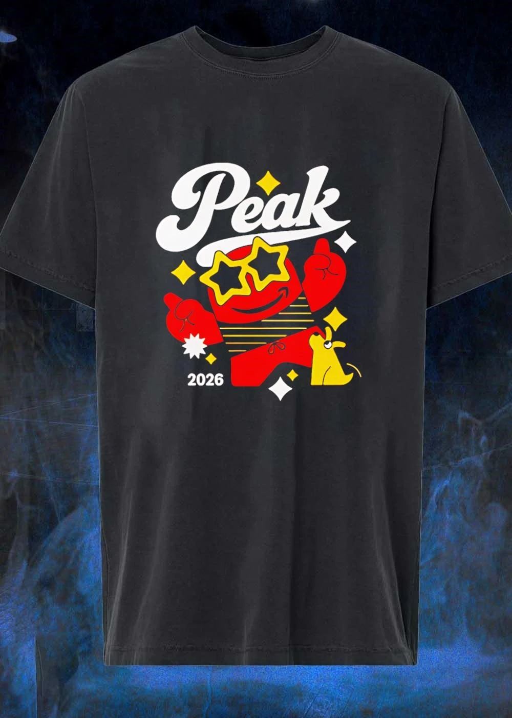 Peak 2026 Red Character with Star Glasses and Dog T-Shirt