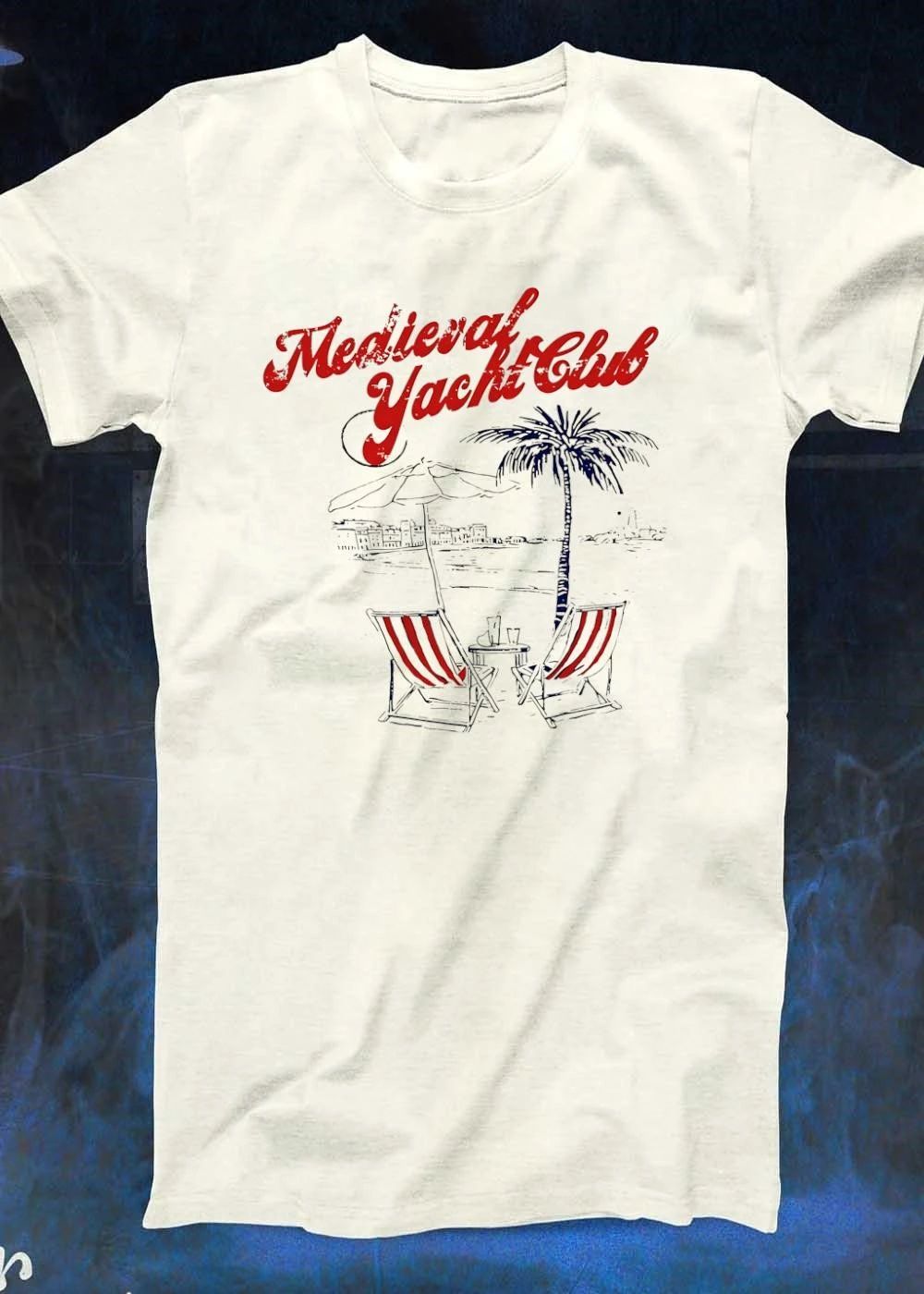 Relaxing Beachfront Oasis with Striped Lounge Chairs and a Palm Tree Medieval Yacht Club T-Shirt