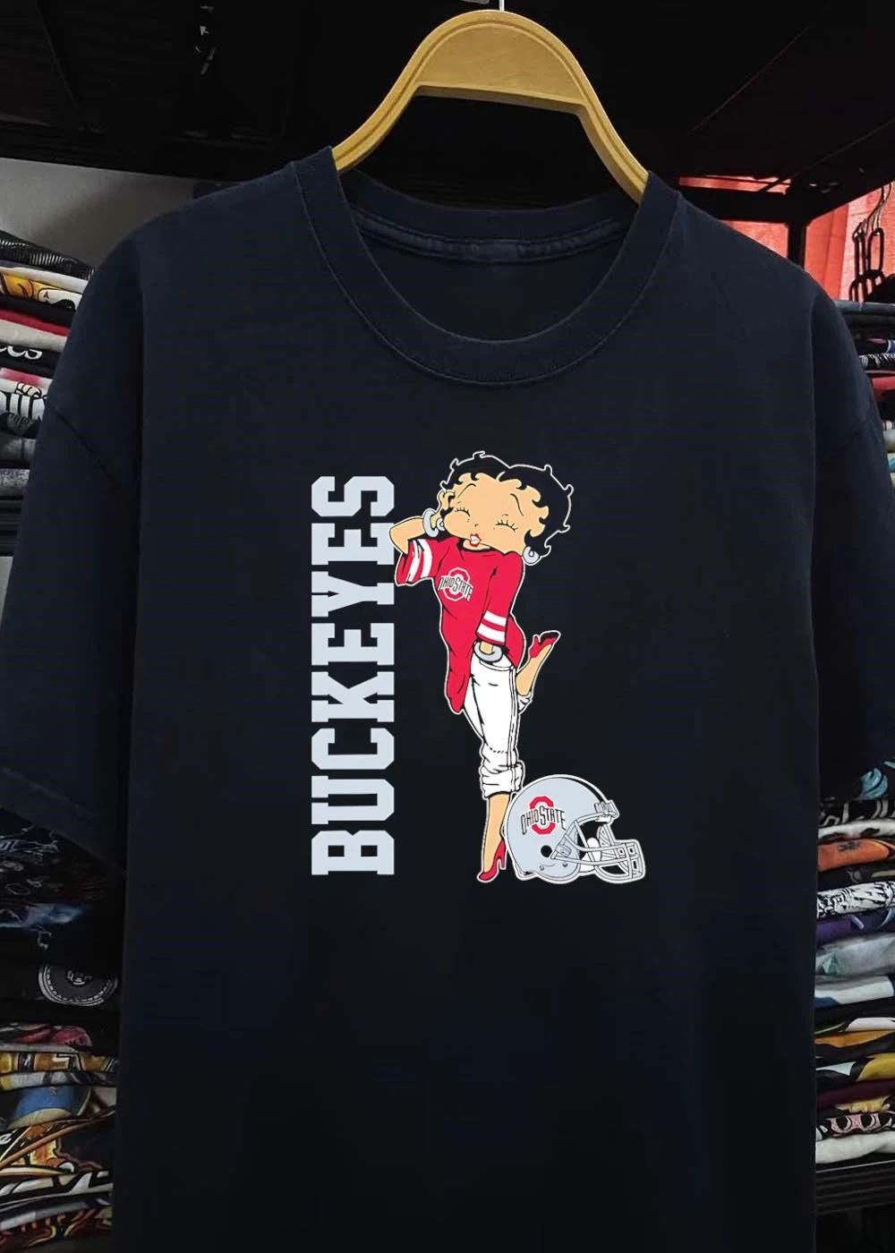 Betty Winking and Posing in Buckeyes Ohio State Helmet shirt