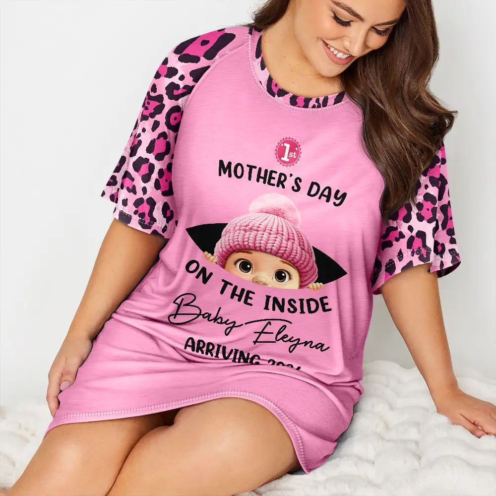 Baby First Year On The Inside With Mom Leopard Style - Personalized Women's Sleep Tee