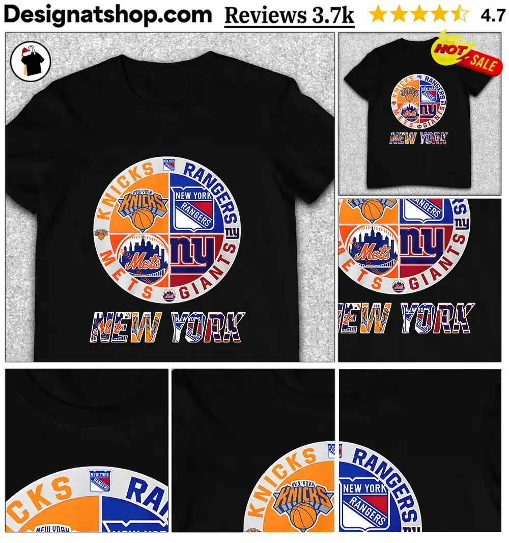 New York sports teams Knicks Rangers Mets Giants logo shirt