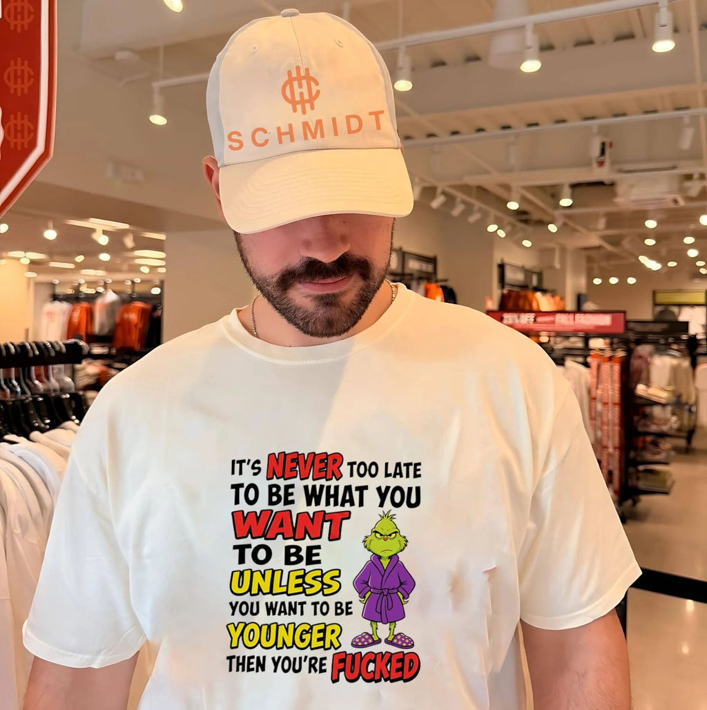 Grinch It Is Never Too Late to Be What You Want Unless You Want to Be Younger shirt
