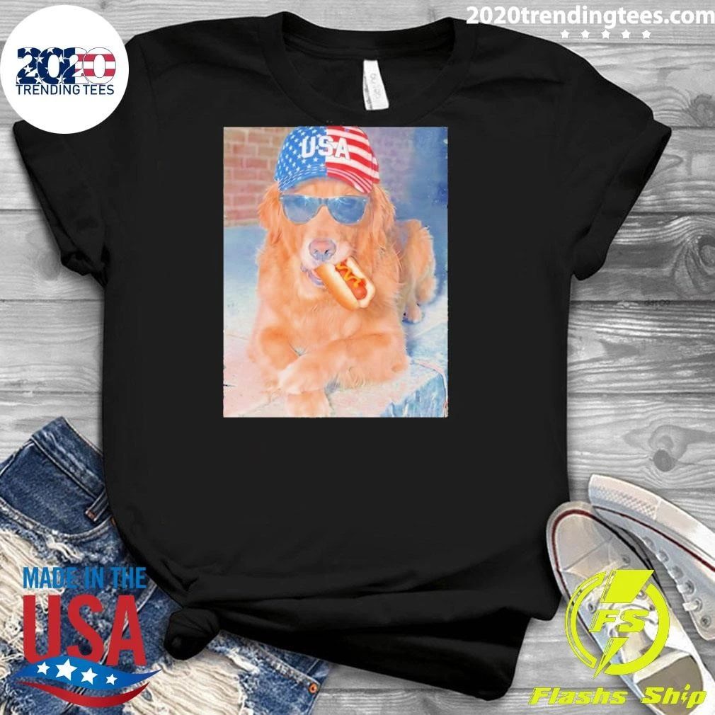 Golden Retriever Eating Hot Dog 4th Of July American Flag Shirt