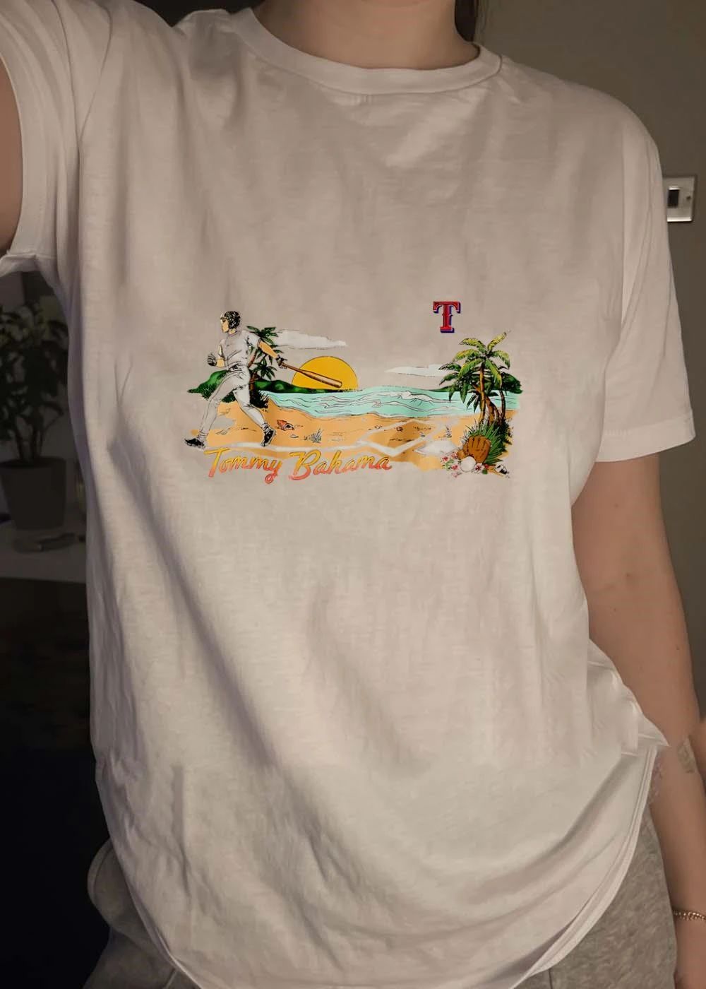 Tommy Bahama Baseball Player Running on Beach Texas Rangers T-Shirt
