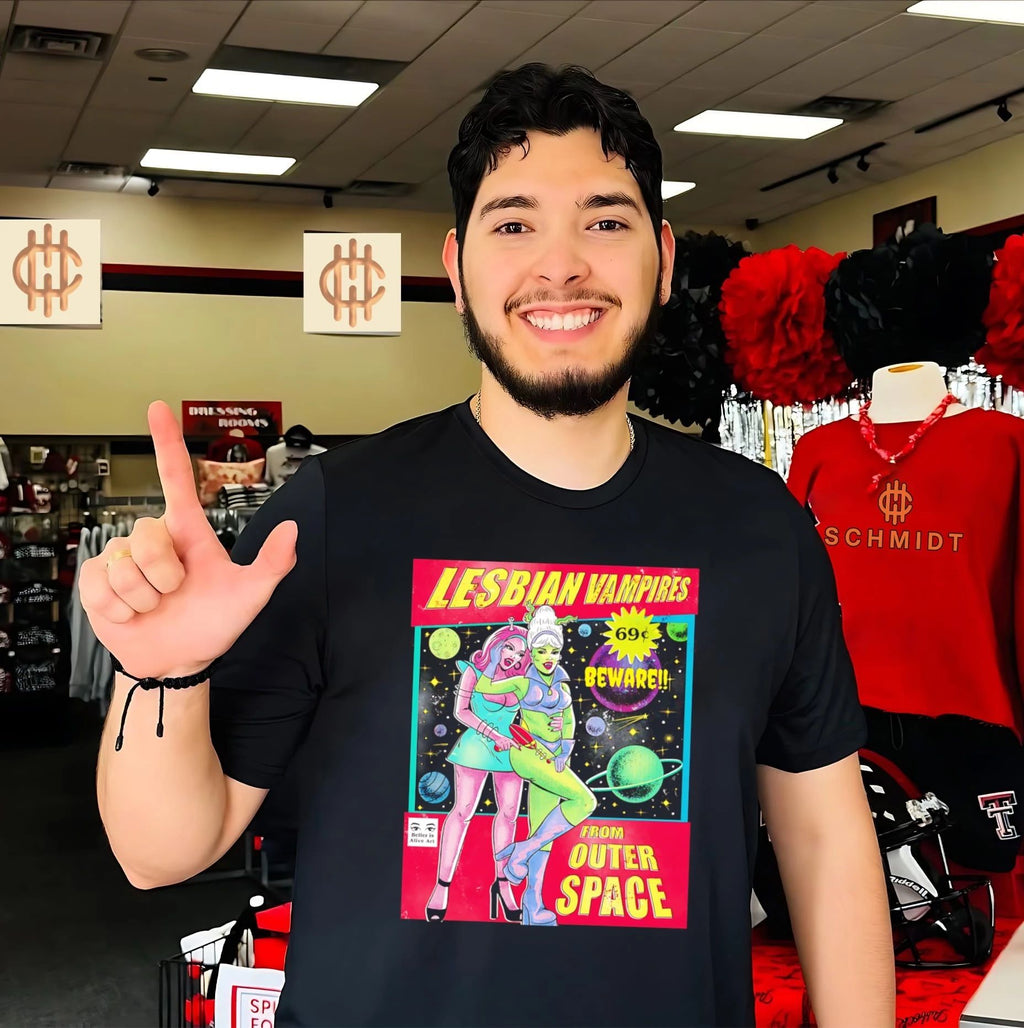 Lesbian Vampires from Outer Space comic style shirt